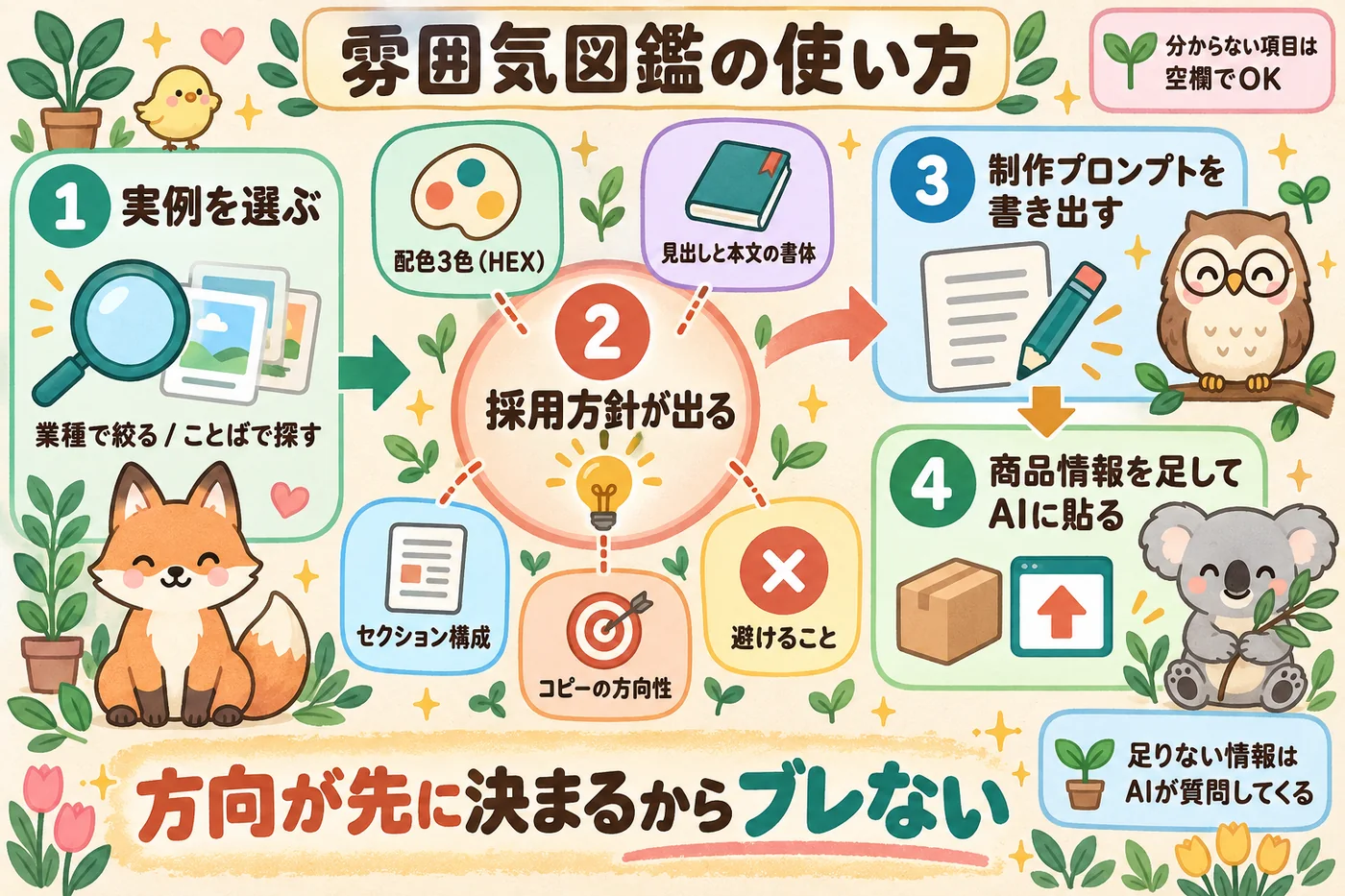 図鑑→採用方針→制作プロンプト→AI: 方向を決める工程がプロンプトの前に終わるから、ブレない。