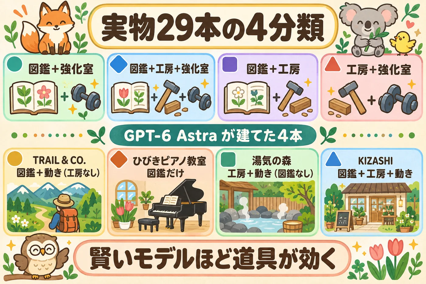 4分類 × GPT-6 Astra の4本: 同じ道具でも組み合わせで変わる。賢いモデルほど道具が効く。