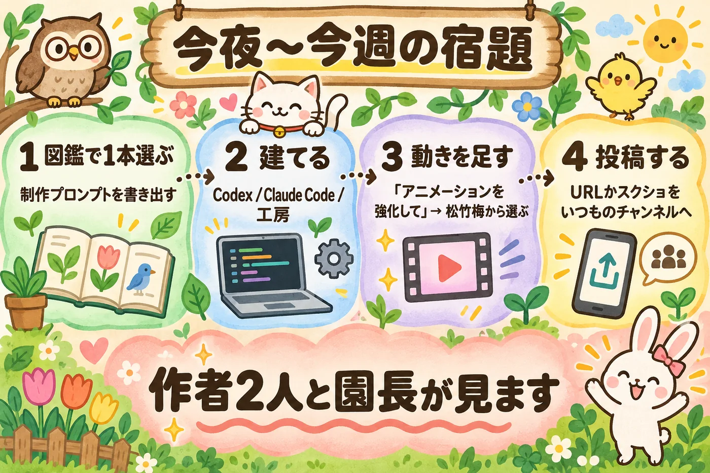 宿題の4ステップ: 今夜〜今週で1本作って投稿する。